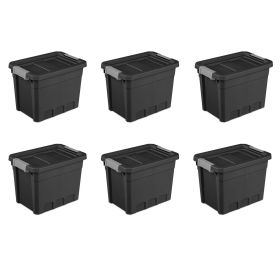 7.5 Gallon Stacker Tote, Durable Plastic Bin with Latch Lid, Black, 6 Pack