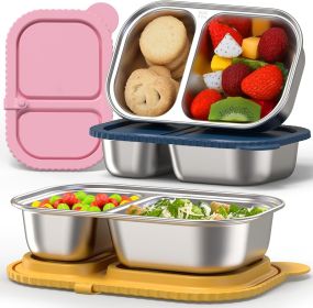 3 Pack Stainless Steel Snack Containers with Silicone Lids, Reusable 2 Compartment Food Storage Containers, Stainless Steel Box for School, Offic