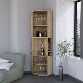 FM FURNITURE Clifton Corner Bar Cabinet, with 5 shelves,Cup Hanger and Eight Built-in Wine Rack,Macadamia
