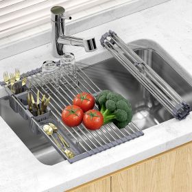 Expandable Roll Up Dish Drying Rack with 2 Removable Baskets   Multipurpose Kitchen Drainer Caddy Organizer Storage Shelf Holder Stainless Steel
