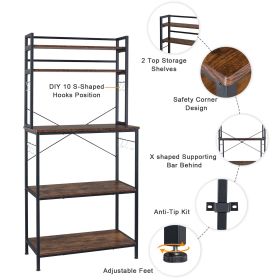 5-Tier Kitchen Bakers Rack with 10 S-Shaped Hooks, Industrial Microwave Oven Stand (Color: brown)
